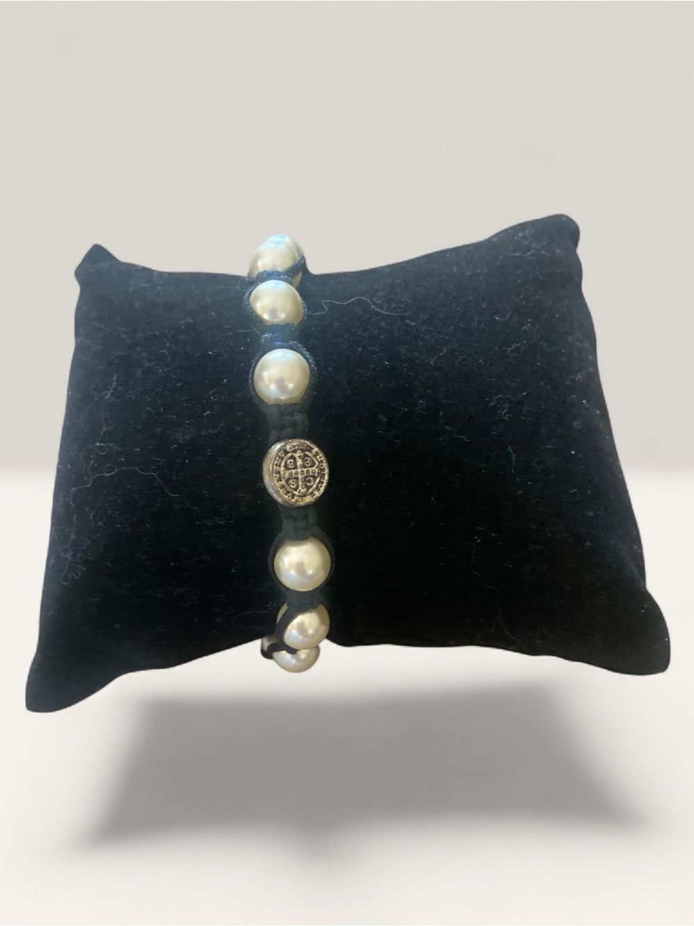 Pearl Bead Macramé Bracelet - White Pearls on Black Cord